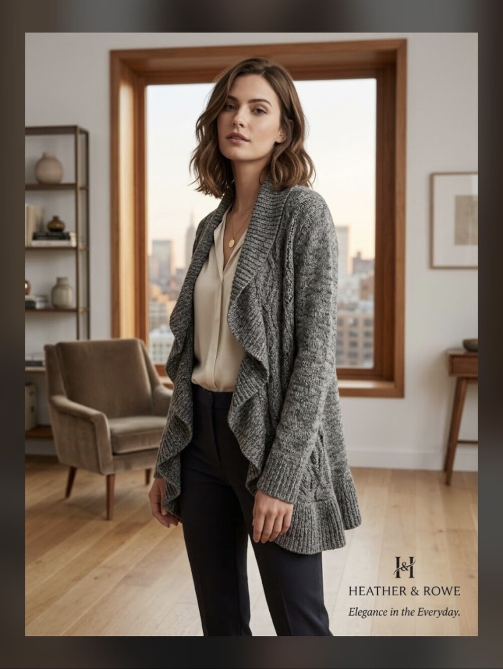 Carolyn Taylor Charcoal Ruffled Open-Front Cardigan